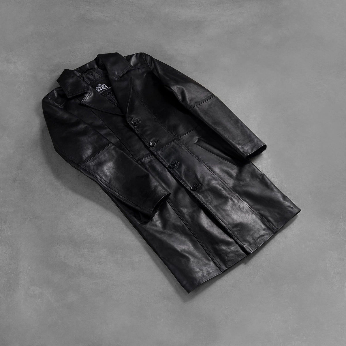 Open hem &amp; Hem Craftsmanship Construction Detail on Men's Don Long Svart Leather Coat för Herr