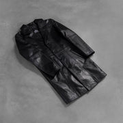 Open hem &amp; Hem Craftsmanship Construction Detail on Men's Don Long Svart Leather Coat för Herr