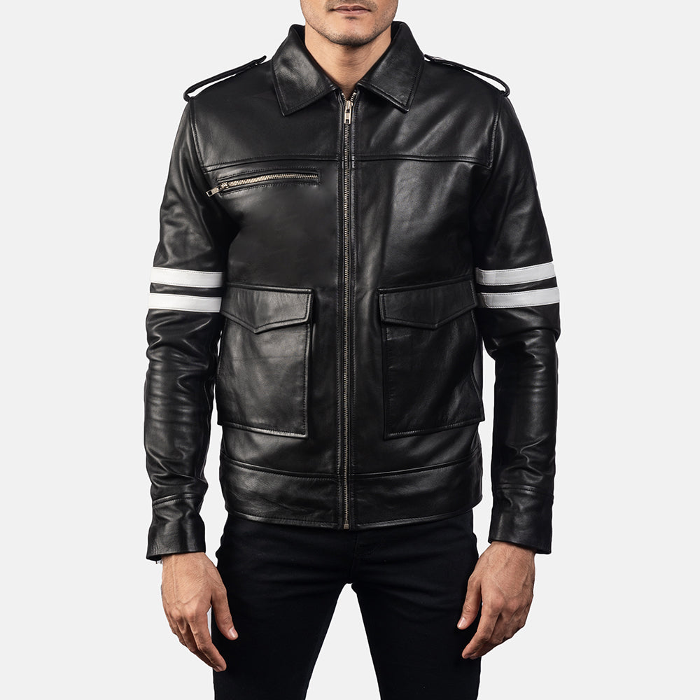 Dragonhide Svart Läderjacka för Herr in Black Sheepskin Leather - Front Profile View &amp; Tailored Silhouette | Buy Online