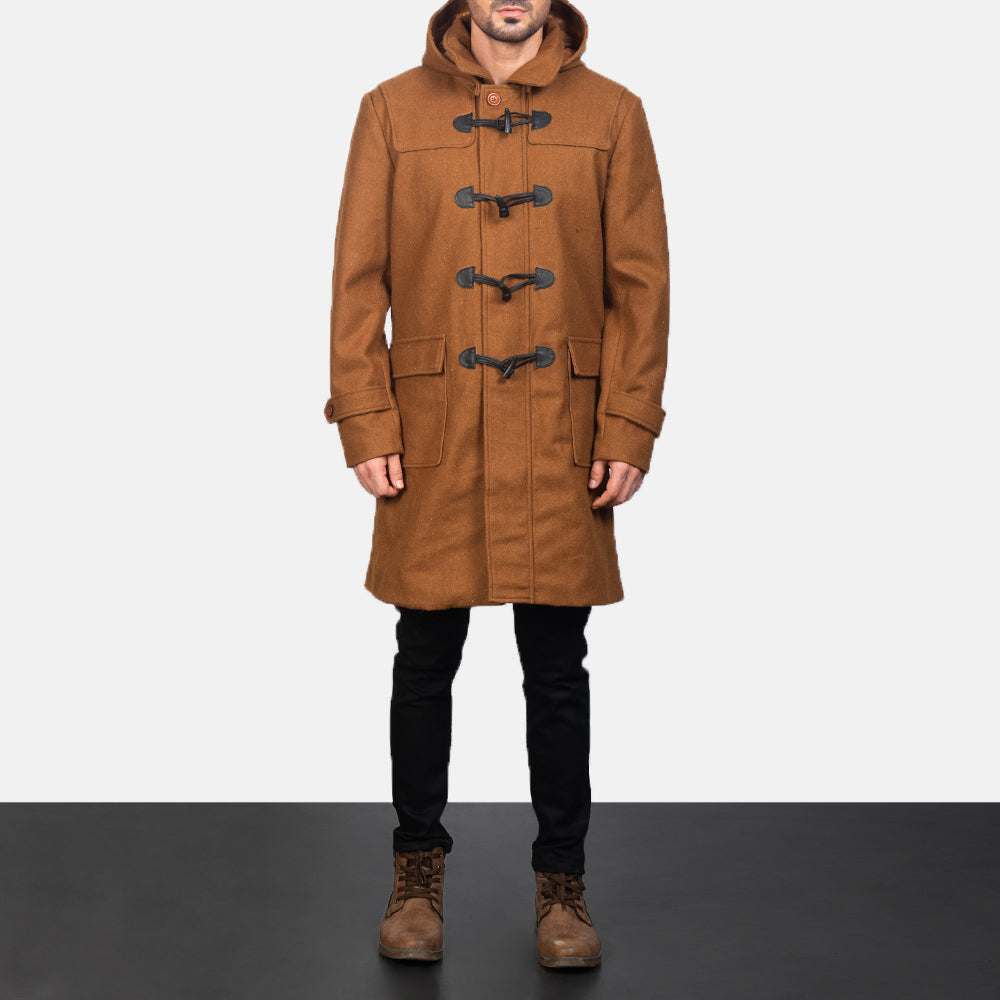 
Närbildsdetalj of Shirt with Removable Hood & Toggle Buttons with Placket & Zipper Hardware on Drake Khaki Wool Duffle Coat