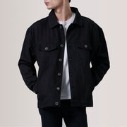 Eddie Svart Oversized Denim Trucker Läderjacka för Herr For Men in Black Full-Grain Leather - Front Profile View &amp; Tailored Silhouette | Buy Online