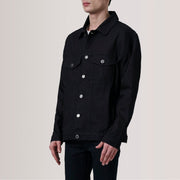 Eddie Svart Oversized Denim Trucker Läderjacka för Herr For Men - Lateral Side Profile View Showing Sleeve Cut &amp; Athletic Taper Fit