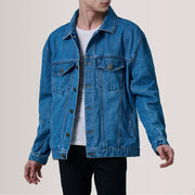 
Eddie Dark Blå Oversized Denim Trucker Läderjacka för Herr For Men in Dark Blue Full-Grain Leather - Framifrån med skräddarsydd silhuett | Handla online