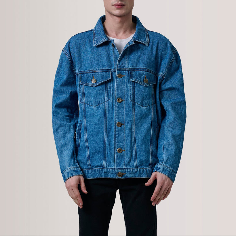 Eddie Dark Blue Oversized Denim Trucker Läderjacka för Herr