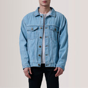 Eddie Light Blue Oversized Denim Trucker Läderjacka för Herr For Men in Light Blue Full-Grain Leather - Front Profile View &amp; Tailored Silhouette | Buy Online