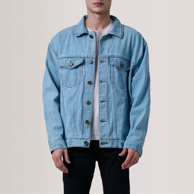 Eddie Light Blue Oversized Denim Trucker Läderjacka för Herr