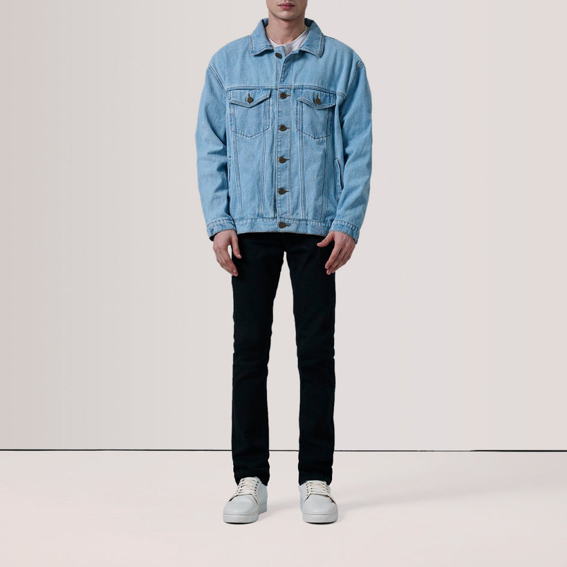 Eddie Light Blue Oversized Denim Trucker Läderjacka för Herr