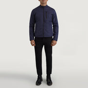 Elliot Blue Lightweight Läderjacka för Herr - Lateral Side Profile View Showing Sleeve Cut &amp; Athletic Taper Fit
