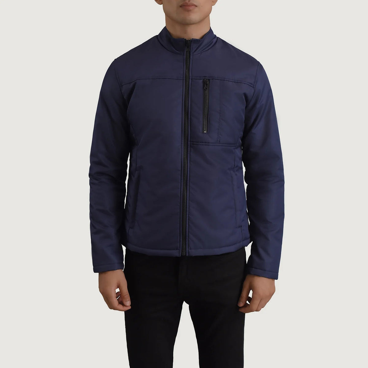 Close-Up Detail of Classic Collar &amp; Zipper Hardware on Elliot Blue Lightweight Läderjacka för Herr