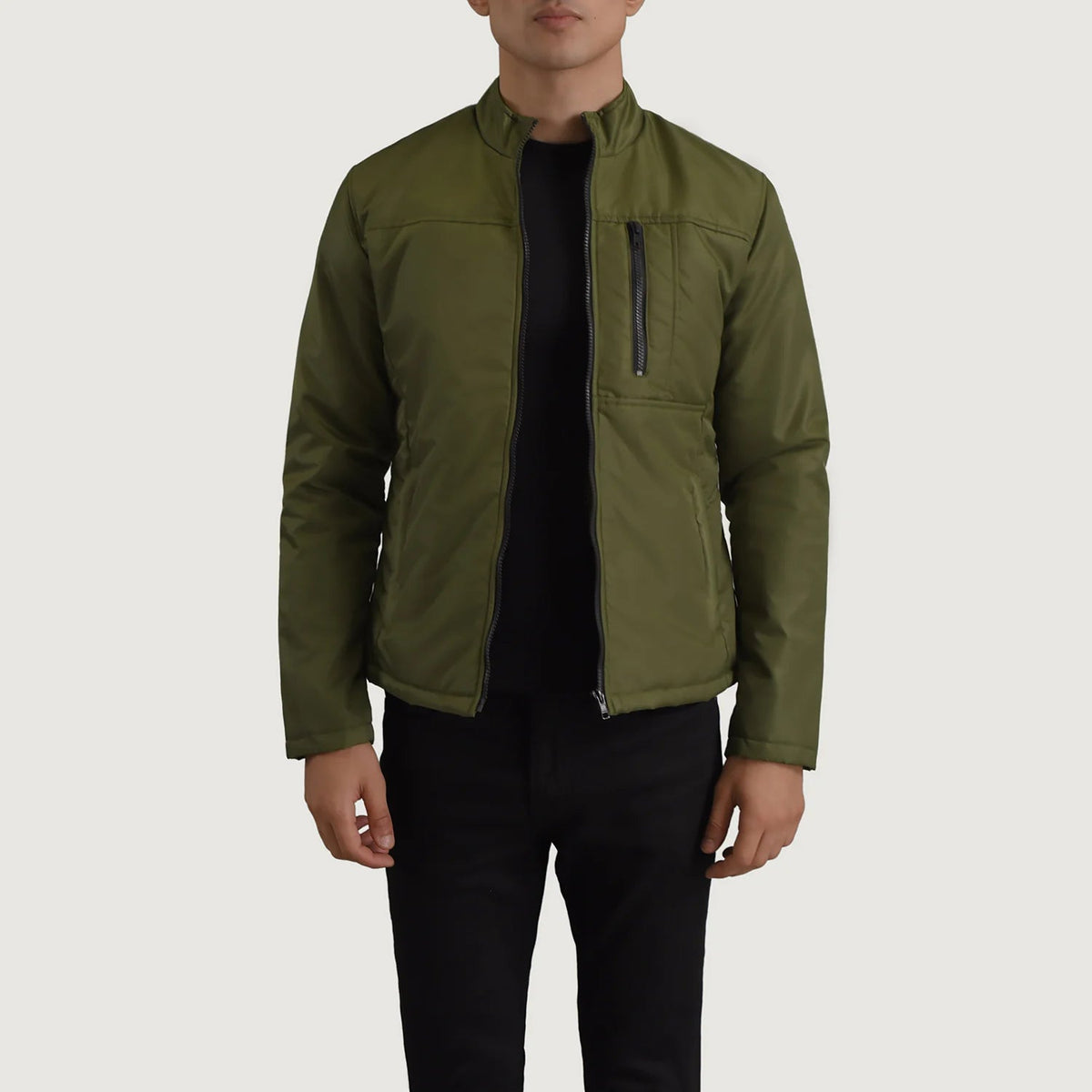 Elliot Green Lightweight Läderjacka för Herr in Green Full-Grain Leather - Front Profile View &amp; Tailored Silhouette | Buy Online