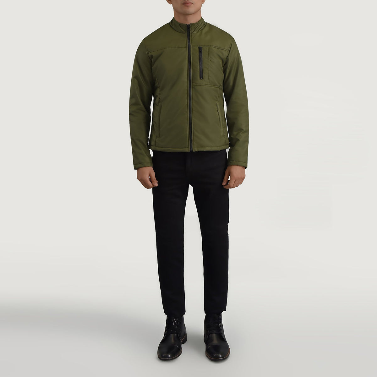 Elliot Green Lightweight Läderjacka för Herr - Lateral Side Profile View Showing Sleeve Cut &amp; Athletic Taper Fit