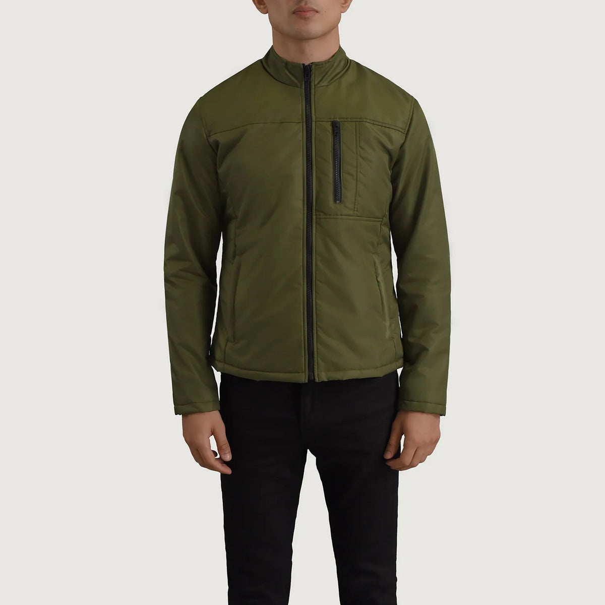 Close-Up Detail of Classic Collar &amp; Zipper Hardware on Elliot Green Lightweight Läderjacka för Herr