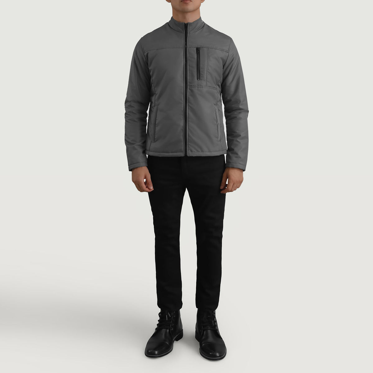 Elliot Grey Lightweight Läderjacka för Herr - Lateral Side Profile View Showing Sleeve Cut &amp; Athletic Taper Fit