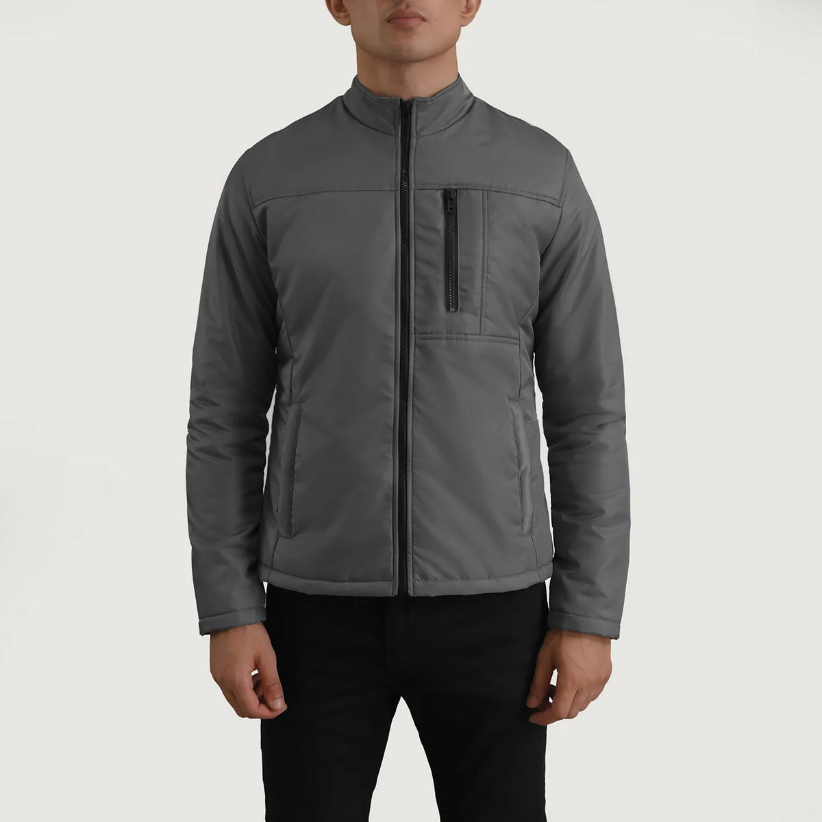 Close-Up Detail of Classic Collar &amp; Zipper Hardware on Elliot Grey Lightweight Läderjacka för Herr