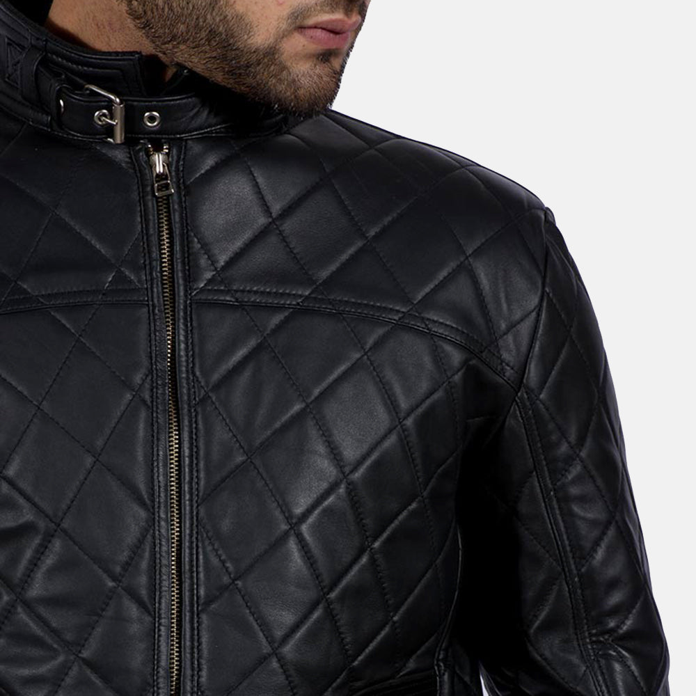Equilibrium Svart Läderjacka för Herr - Lateral Side Profile View Showing Sleeve Cut &amp; Athletic Taper Fit