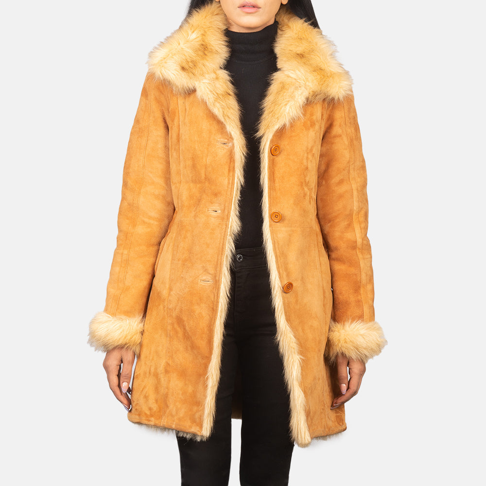 Women's Erica Beige Leather Coat in Distressed Beige Goatskin Suede - Front Profile View &amp; Tailored Silhouette | Buy Online