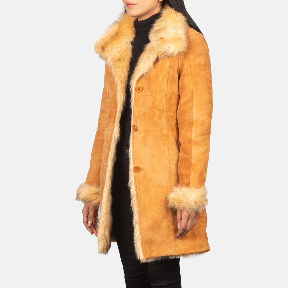 Distressed Beige Goatskin Suede Leather Coat - Back View Showing Tailored Shoulder Fit &amp; Clean Hemline