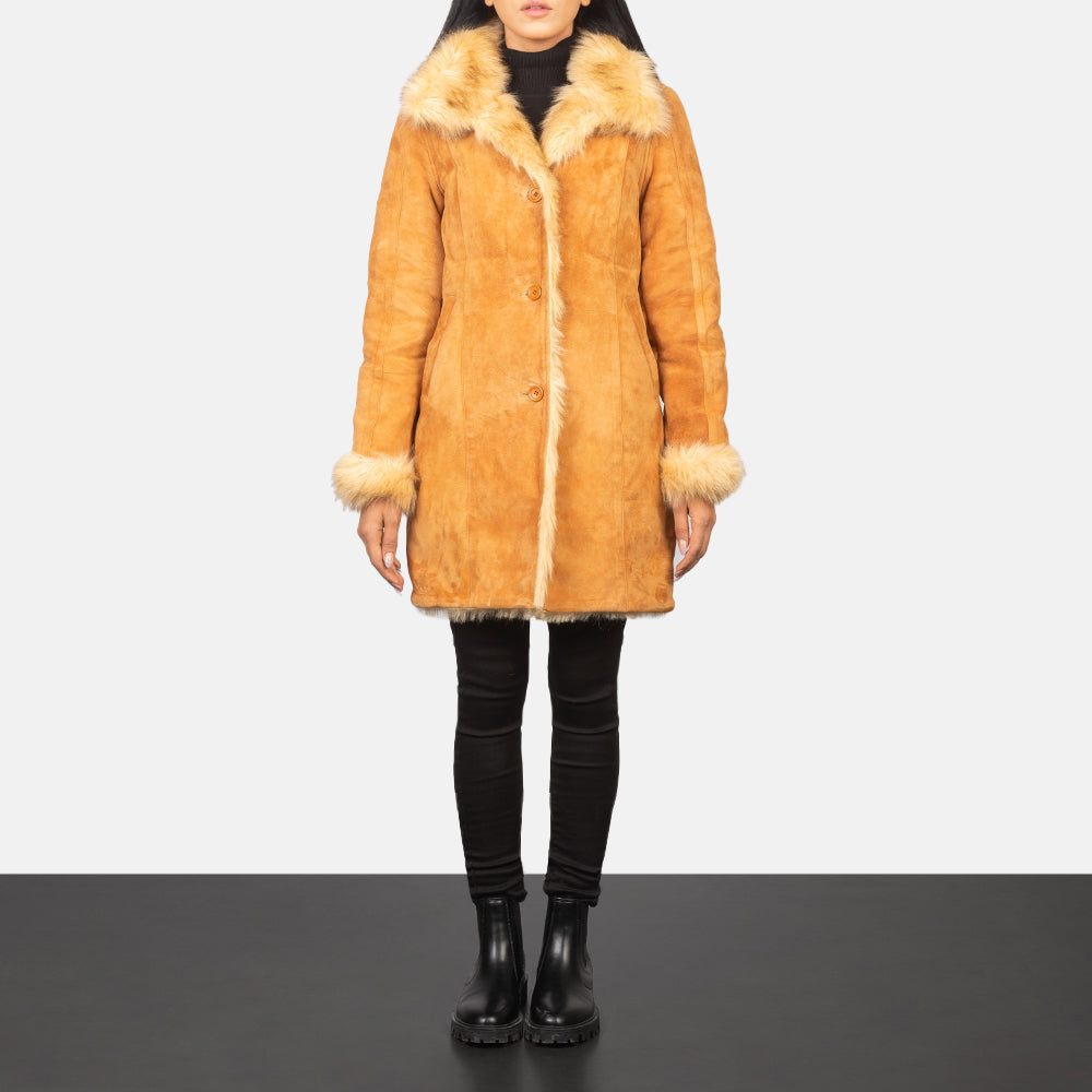 Women's Erica Beige Leather Coat - Lateral Side Profile View Showing Sleeve Cut &amp; Athletic Taper Fit