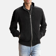 Men's Ethan Hybrid Suede Bomberjacka i Läder för Herr in Black Goatskin Suede - Front Profile View &amp; Tailored Silhouette | Buy Online