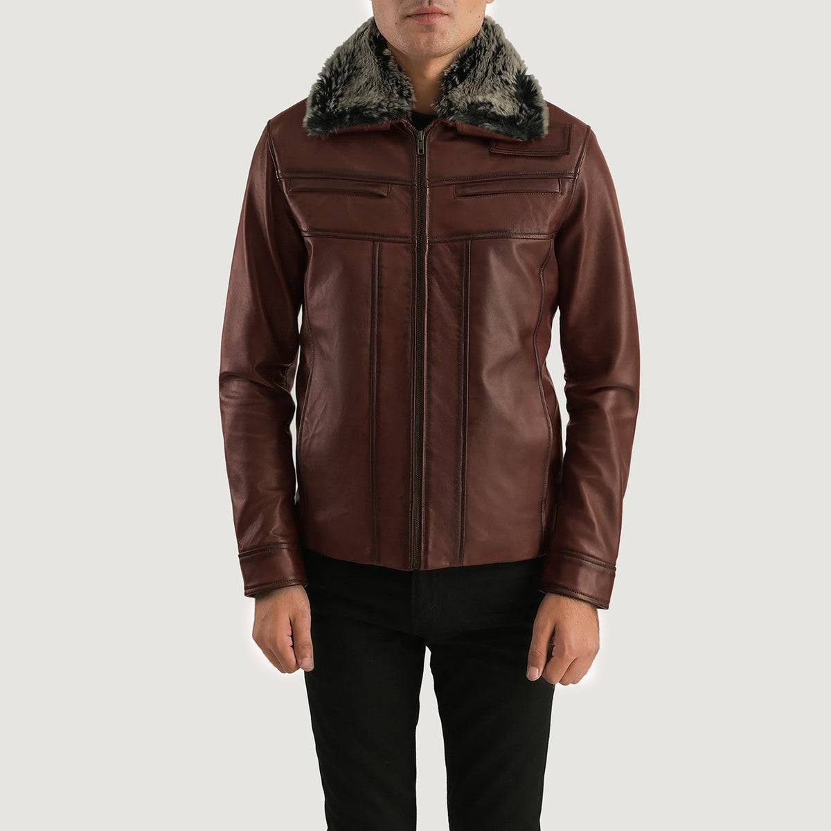 
Evan Hart Fur Brun Läderjacka för Herr in Distressed Brown Sheepskin Burnishing - Framifrån med skräddarsydd silhuett | Handla online