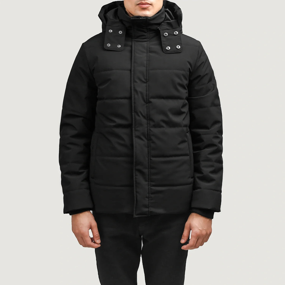Exton Svart Hooded Down Puffer Läderjacka för Herr in Black Full-Grain Leather - Front Profile View &amp; Tailored Silhouette | Buy Online