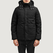 Exton Svart Hooded Down Puffer Läderjacka för Herr in Black Full-Grain Leather - Front Profile View &amp; Tailored Silhouette | Buy Online