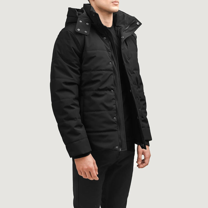 Exton Svart Hooded Down Puffer Läderjacka för Herr