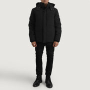Close-Up Detail of Classic Collar &amp; Zipper With Placket. Hardware on Exton Svart Hooded Down Puffer Läderjacka för Herr