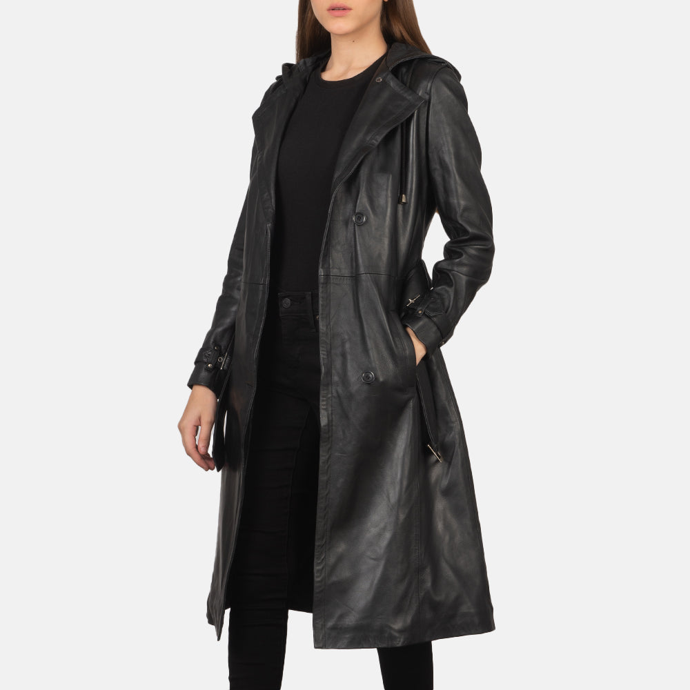 
Fixon Hooded Svart Trenchcoat i Läder för Dam in Black Sheepskin Leather - Framifrån med skräddarsydd silhuett | Handla online