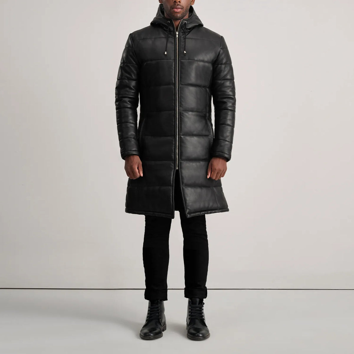 
Floyd Tan Hooded Leather Puffer Coat - Sidoprofil som visar ärmskärning