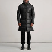 
Floyd Tan Hooded Leather Puffer Coat - Sidoprofil som visar ärmskärning