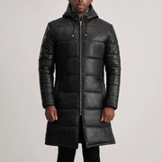 
Närbildsdetalj of Hooded & Zipper Hardware on Floyd Tan Hooded Leather Puffer Coat