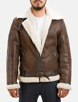Men's Forest Double Face Shearling Läderjacka för Herr in Distressed Brown Sheepskin Leather - Front Profile View &amp; Tailored Silhouette | Buy Online