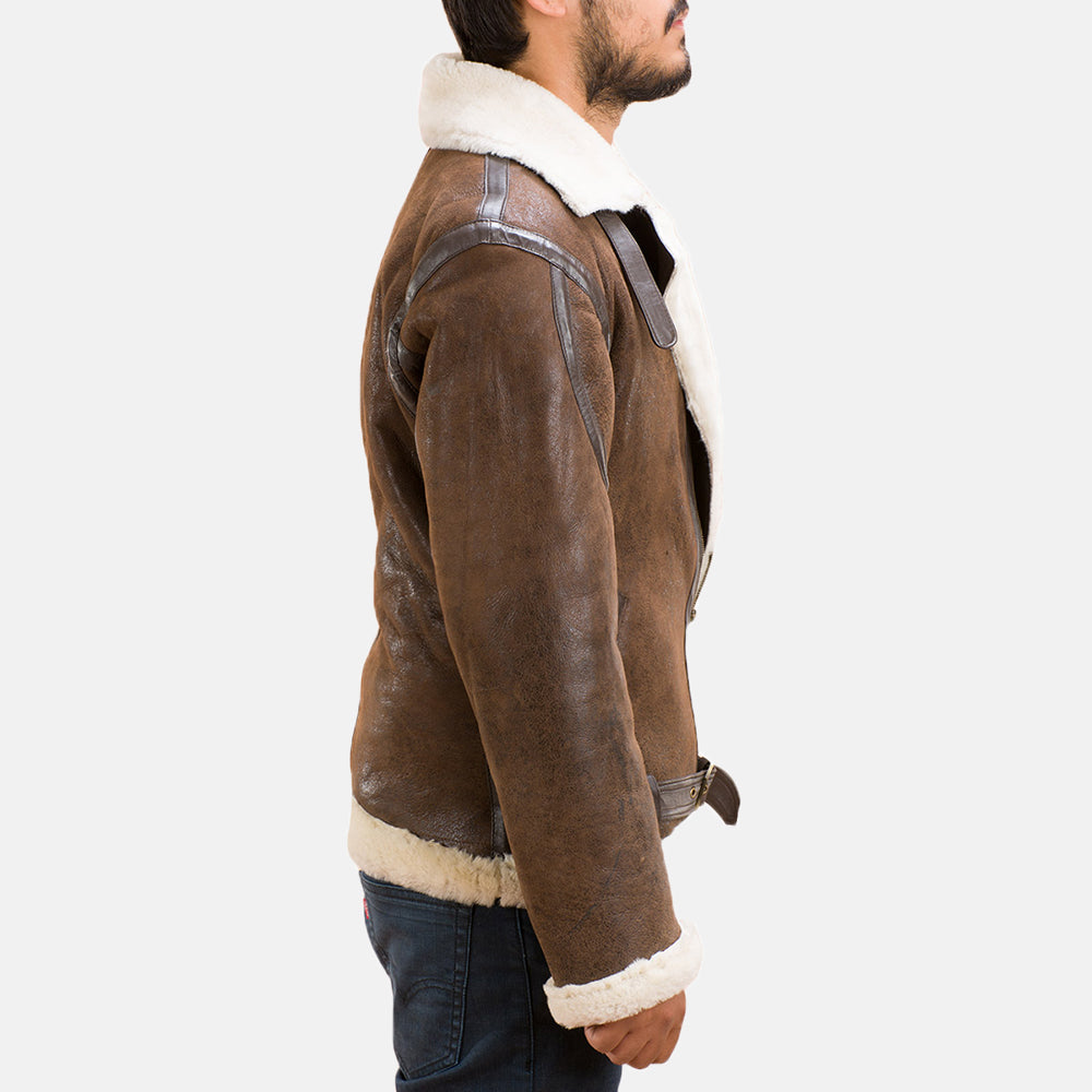 Men's Forest Double Face Shearling Läderjacka för Herr - Lateral Side Profile View Showing Sleeve Cut &amp; Athletic Taper Fit