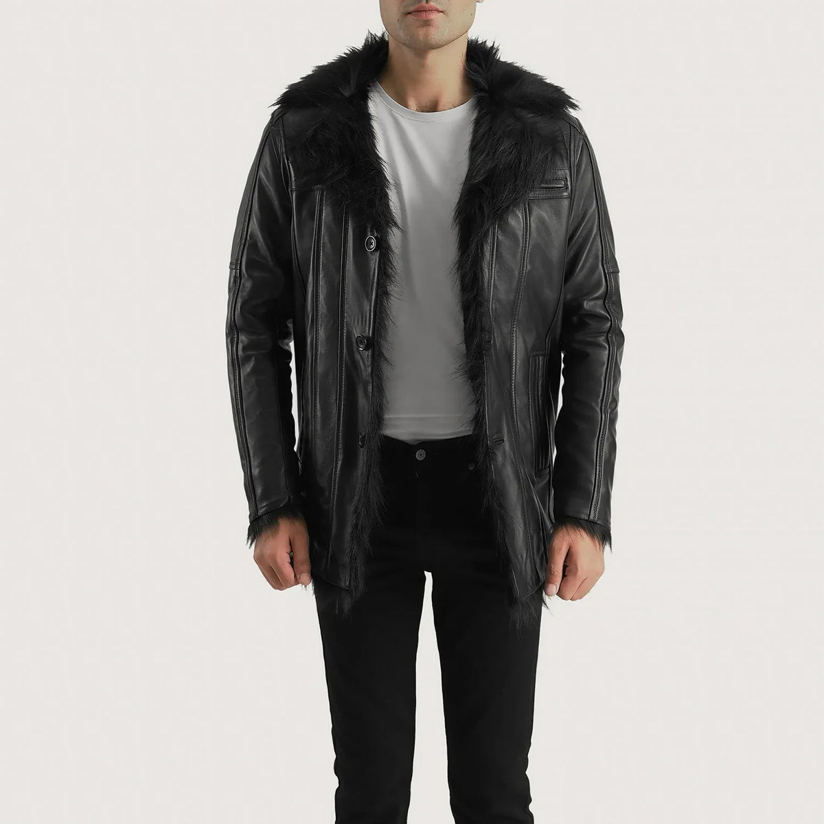 Men's Furcliff Svart Leather Coat för Herr - Lateral Side Profile View Showing Sleeve Cut &amp; Athletic Taper Fit
