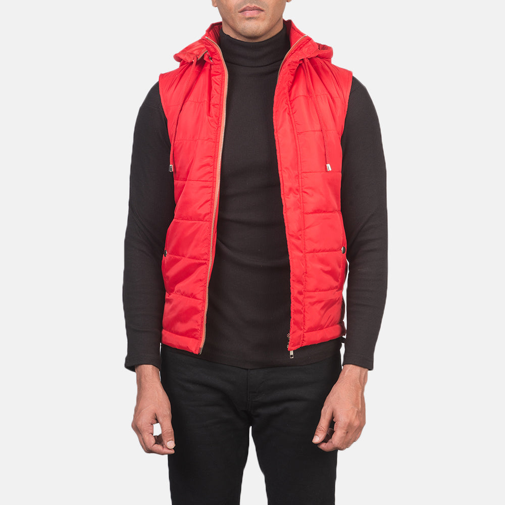
Fuston Röd Vadderad väst med huva för Herr in Red Nylon - Framifrån med skräddarsydd silhuett | Handla online