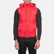 
Närbildsdetalj of Band with Removable Hood & Zipper with dual puller and wind flap Hardware on Fuston Röd Vadderad väst med huva för Herr