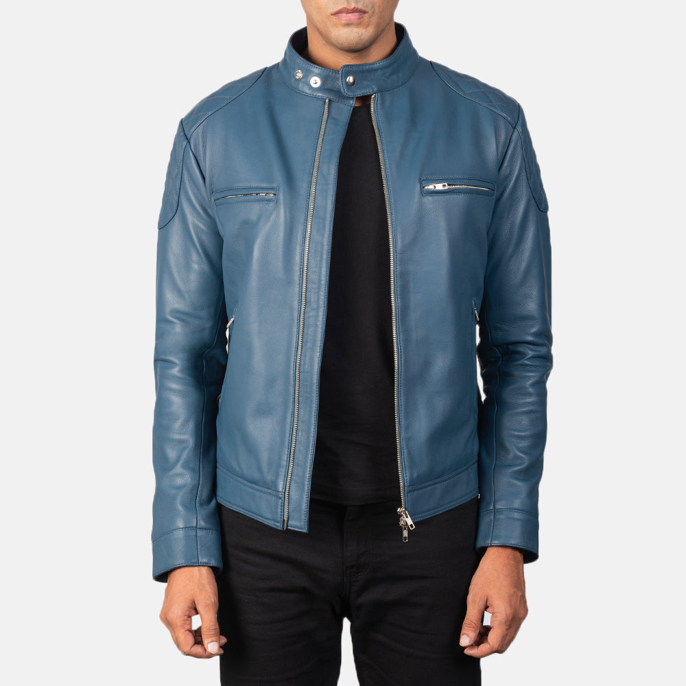 
Gatsby Quilted Blue Leather Biker Jacket in Blue Sheepskin Leather - Framifrån med skräddarsydd silhuett | Handla online