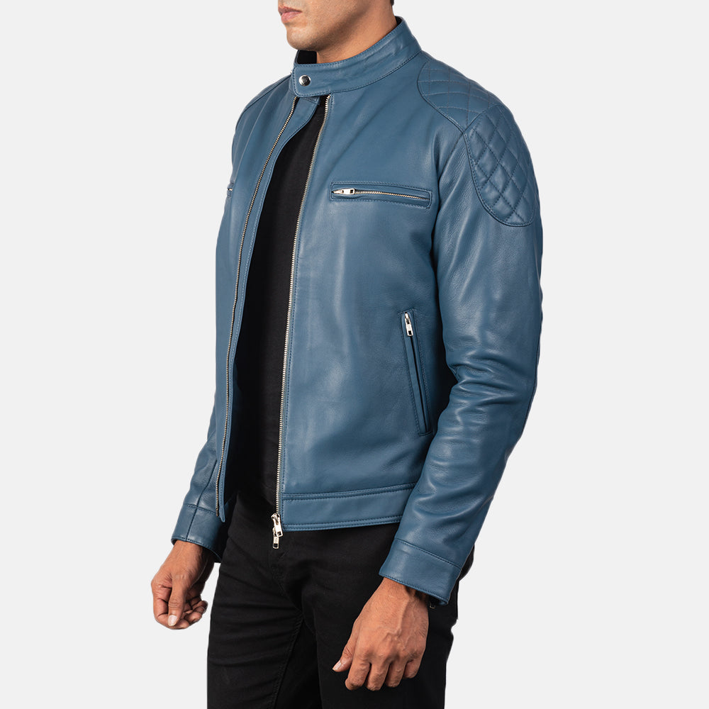 
Blue Sheepskin Leather Biker Jacket - Bakifrån med perfekt axelpassform och ren fåll