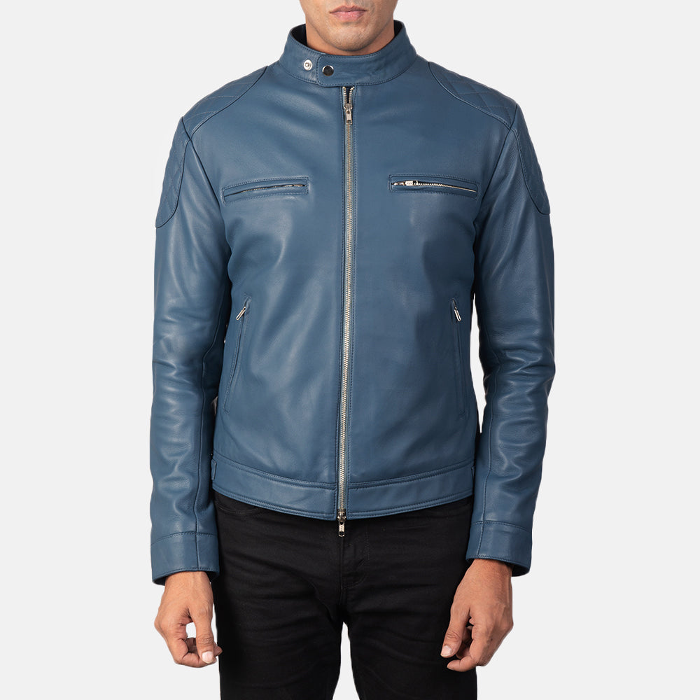 
Gatsby Quilted Blue Leather Biker Jacket - Sidoprofil som visar ärmskärning