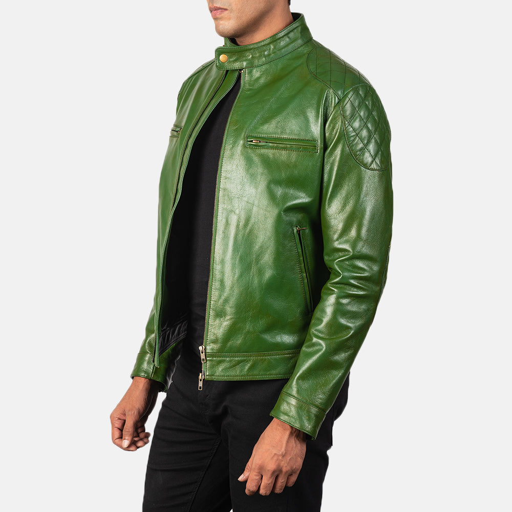 
Green Sheepskin Burnishing Biker Jacket - Bakifrån med perfekt axelpassform och ren fåll
