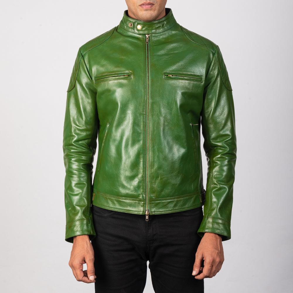 
Gatsby Quilted Green Leather Biker Jacket - Sidoprofil som visar ärmskärning