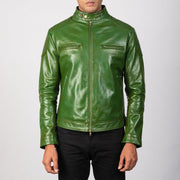 
Gatsby Quilted Green Leather Biker Jacket - Sidoprofil som visar ärmskärning