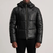 
Närbildsdetalj of High neck & Zipper Hardware on Gordon Tan Hooded Leather Puffer Jacket