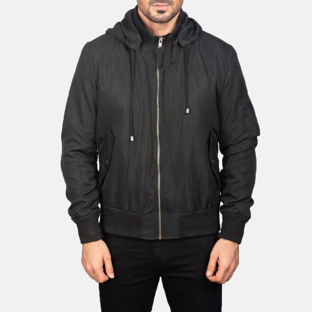 
Närbildsdetalj of Knit Rib with Removable Polyester Hood & Zipper Hardware on Hanklin Ma-1 Black Hooded Bomber Jacket