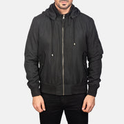 
Närbildsdetalj of Knit Rib with Removable Polyester Hood & Zipper Hardware on Hanklin Ma-1 Black Hooded Bomber Jacket