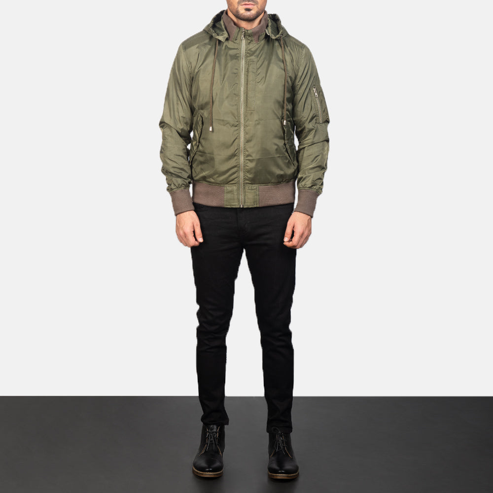 
Hanklin Ma-1 Green Hooded Bomber Jacket - Sidoprofil som visar ärmskärning