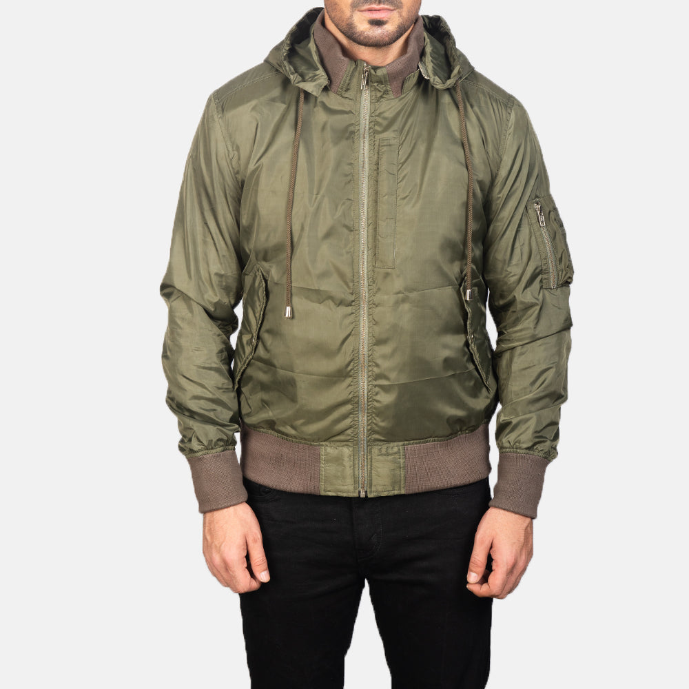 
Närbildsdetalj of Knit Rib with Removable Nylon Hood & Zipper Hardware on Hanklin Ma-1 Green Hooded Bomber Jacket
