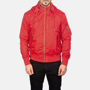 
Närbildsdetalj of Knit Rib with Removable Nylon Hood & Zipper Hardware on Hanklin Ma-1 Red Hooded Bomber Jacket