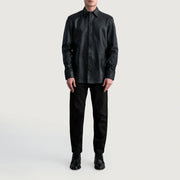 
Närbildsdetalj of Shirt & Leather Buttons Hardware on Haven Black Leather Shirt